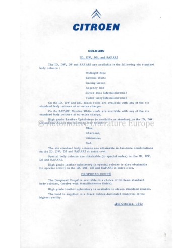 1963 CITROEN DS 19 ID 19 PROGRAMM PROSPEKT ENGLISCH