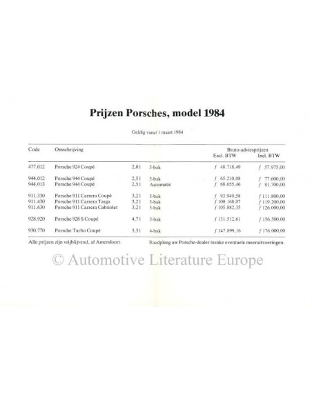 1984 PORSCHE PRICE LIST DUTCH