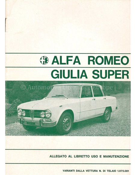 1971 ALFA ROMEO GIULIA SUPER BIJLAGE INSTRUCTIEBOEKJE ITALIAANS