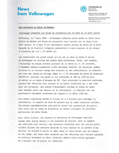 1989 VOLKSWAGEN GENF PRESSEMAPPE FRENCH