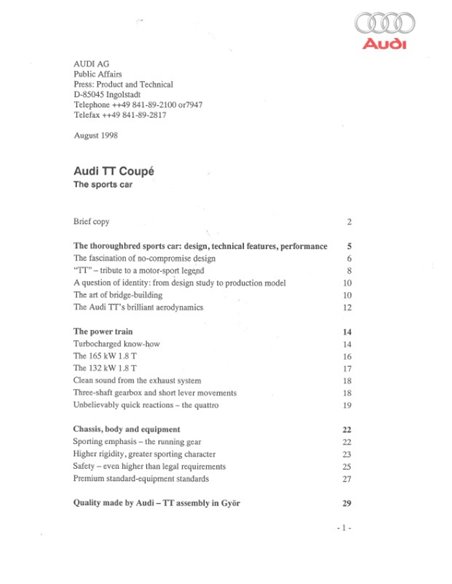 1998 AUDI TT COUPÉ PRESSKIT ENGLISH