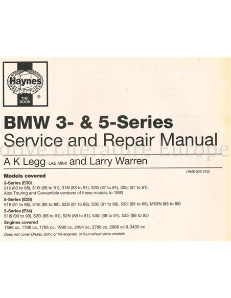 1981 - 1993 BMW 3 SERIES (E30) | 5 SERIES (E28 | E34) PETROL HAYNES OWNERS WORKSHOP MANUAL ENGLISH