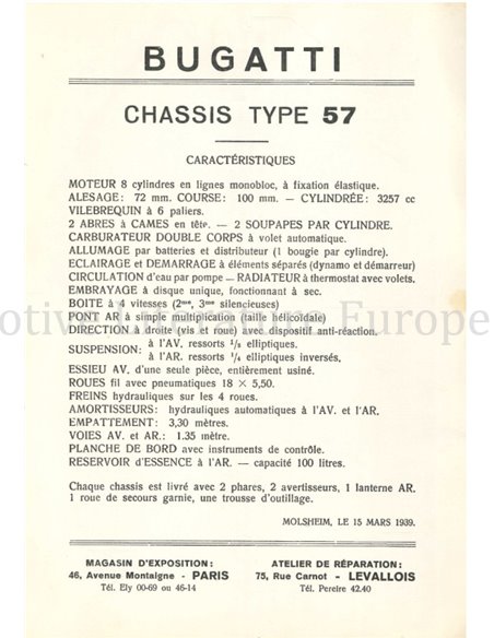 1939 BUGATTI LA 3 LITRES 300 TYPE 57 BROCHURE FRENCH