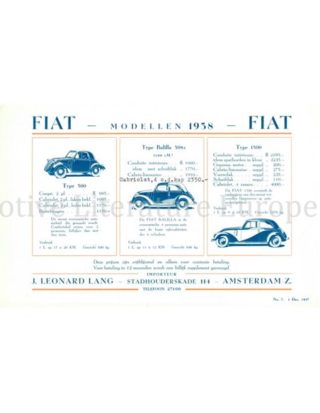 1937 FIAT BALILLA BROCHURE DUTCH