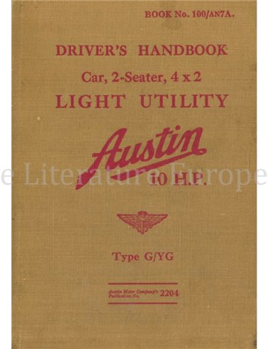 1939 AUSTIN LIGHT UTILITY OWNERS MANUAL ENGLISH