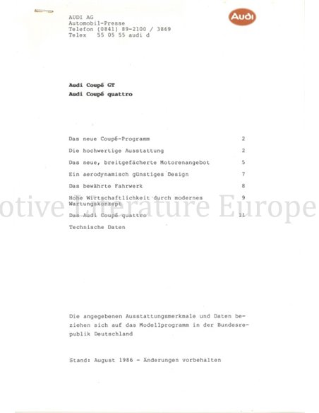 1987 AUDI COUPE GT | QUATTRO PERSMAP DUITS