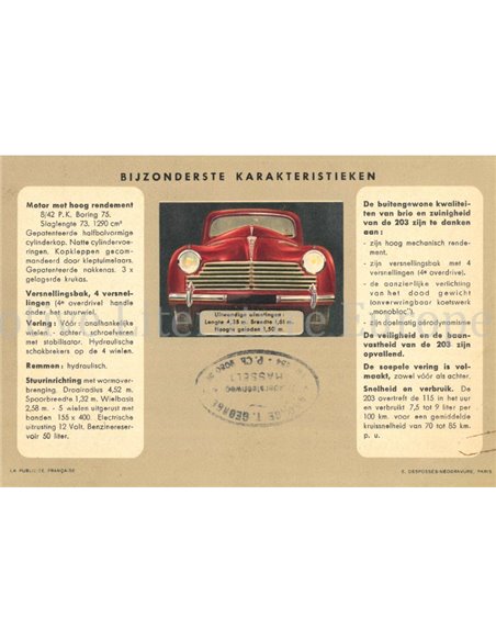 1950 PEUGEOT 203 BERLINE BROCHURE DUTCH