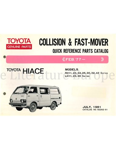 1981 TOYOTA HIACE SCHNELL ERZATSTEILCATALOG ENGLISCH