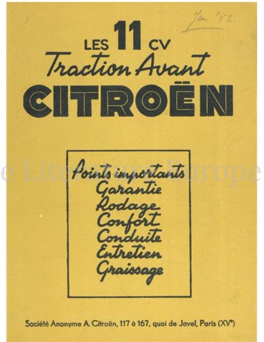 1952 CITROËN TRACTION AVANT OWNERS MANUAL FRENCH