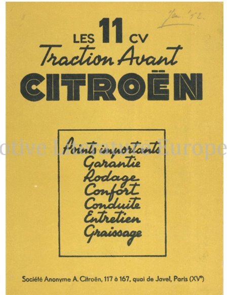 1952 CITROËN TRACTION AVANT OWNERS MANUAL FRENCH