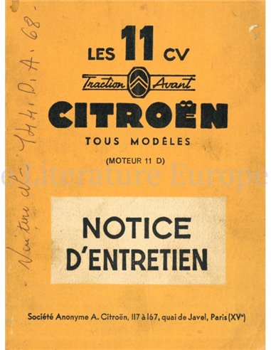 1956 CITROËN TRACTION AVANT OWNERS MANUAL FRENCH