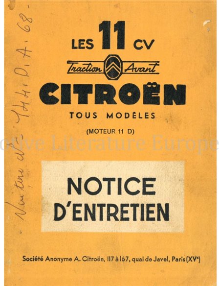 1956 CITROËN TRACTION AVANT INSTRUCTIEBOEKJE FRANS