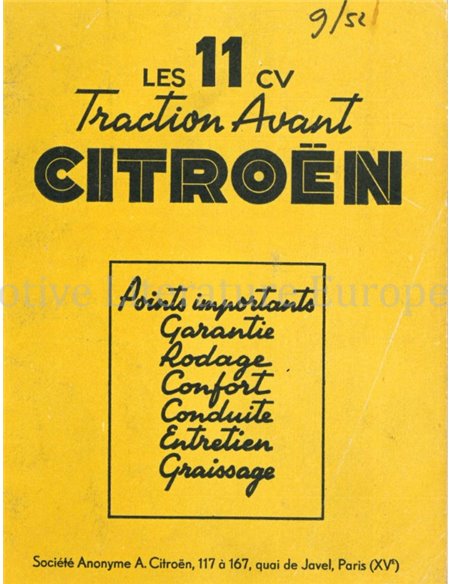 1952 CITROËN TRACTION AVANT OWNERS MANUAL FRENCH