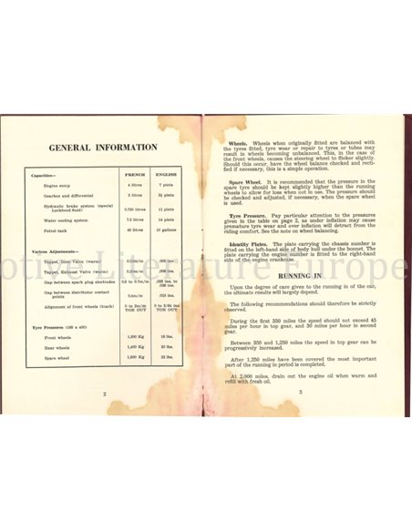 1952 CITROEN 'LIGHT FIFTEEN'( TRACTION AV) OWNERS MANUAL ENGLISH